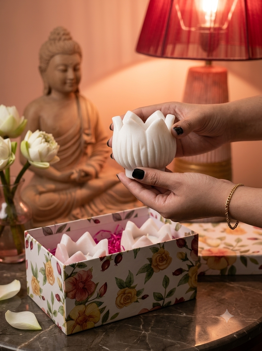 Gift box holding a marble dish and carved stone heart
